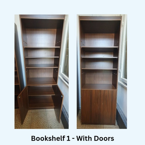 Bookshelves dark walnut veneer used, set of 2 with cupboard doors