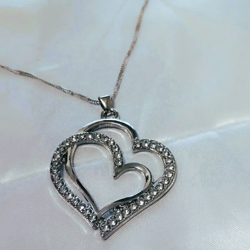 Heart necklace and earrings set with sparkling zircon, silver color, new