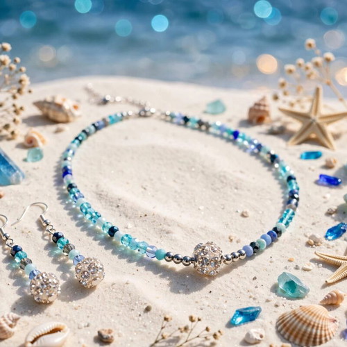 Handmade blue crystal beaded jewelry set, elegant necklace and earrings