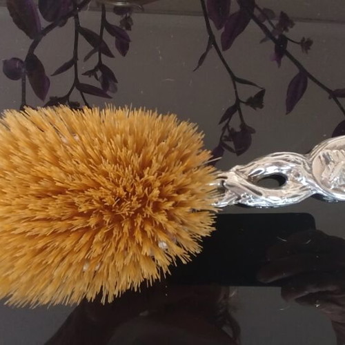 English silver hairbrush with 17th century tavern scene, like new