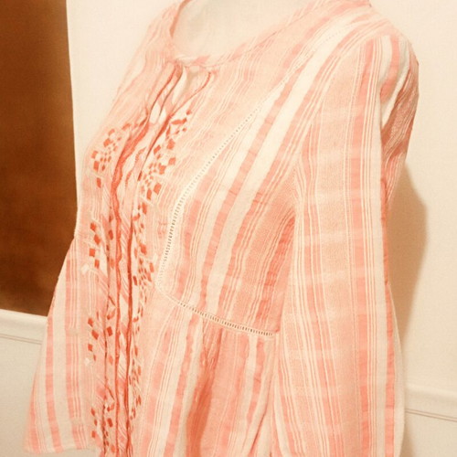 Boho summer chic embroidered tassel peasant blouse coral red white used, size S