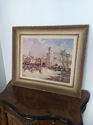 Vintage oil painting "Anatoliko Pazari" used, signed Maurikios
