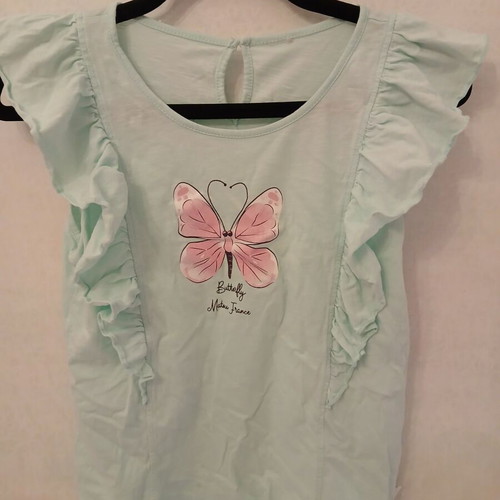 Matou France Mint Top with Ruffles and Pink Butterfly