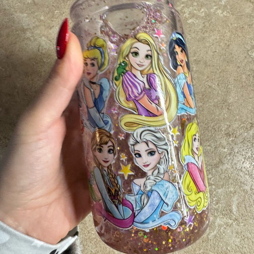 Disney glitter cup new with lid and straw holder