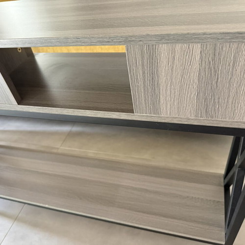 Console table like new, gray-beige wood texture with black metal base
