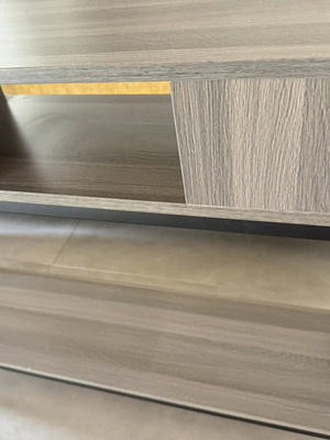 Console table like new, gray-beige wood texture with black metal base