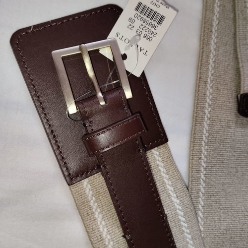 Real leather belt with linen fabric new, beige and brown