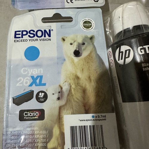 HP GT53XL black ink bottles 135ml, Epson 26XL cyan and yellow ink cartridges