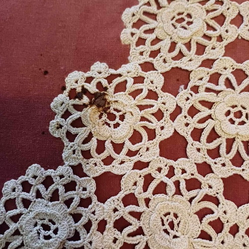 Handmade crochet motifs on refurbished velvet, pink salmon