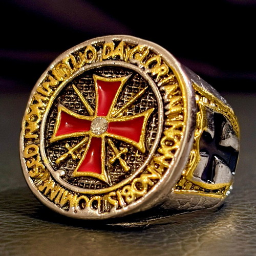 Maltese Cross Templar ring stainless steel with red enamel, US 11
