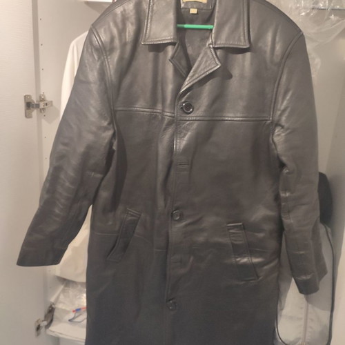 Leather trench coat used, black, genuine leather, size M