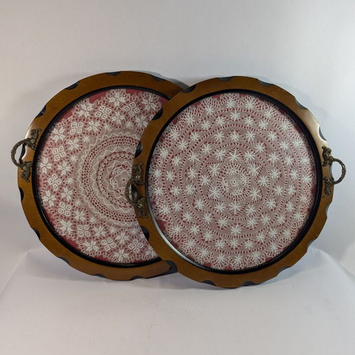 Traditional wooden trays with embroidery and glass used, set of 2, 35cm