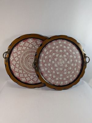 Traditional wooden trays with embroidery and glass used, set of 2, 35cm