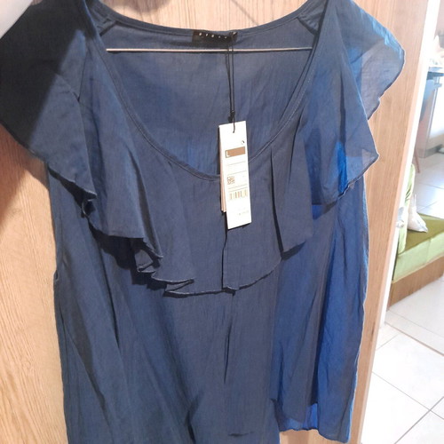 Sisley blouse L new, blue, with ruffles at neckline