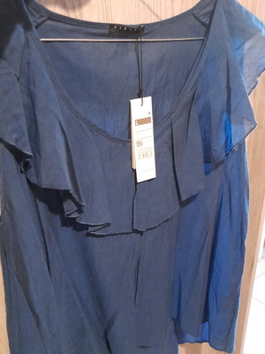 Sisley blouse L new, blue, with ruffles at neckline