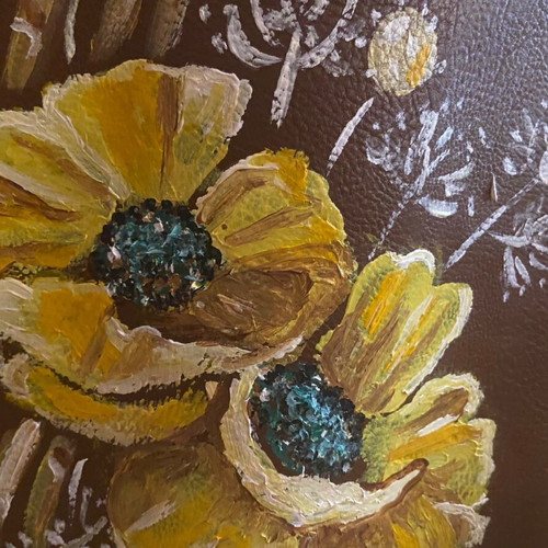 Painted bag with yellow poppies new, brown, large capacity 40x45