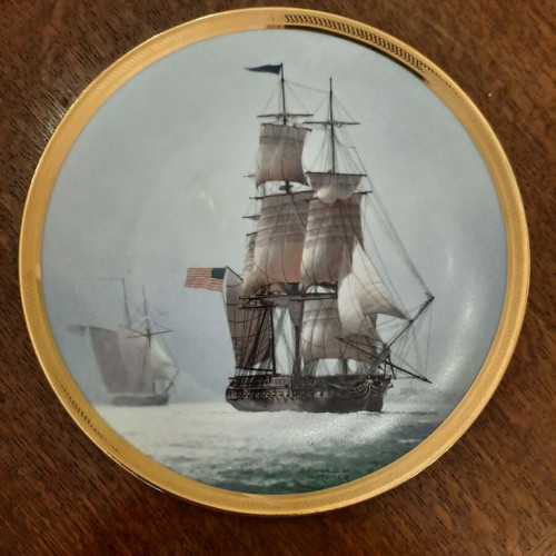 Set of 3 large collectible porcelain plates with 18th century sailing ship illustrations