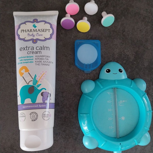 Baby care set with diaper cream, water thermometer, nail file pads, Otrisalin filters new