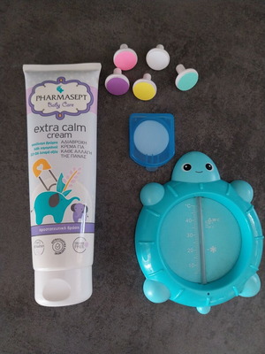 Baby care set with diaper cream, water thermometer, nail file pads, Otrisalin filters new