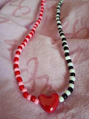 Handmade heart necklace made to order with pink-red and white-black beads