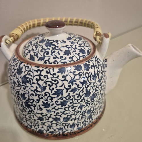 Ceramic teapot rare vintage style with woven bamboo handle