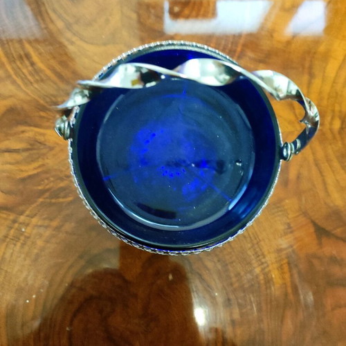 Metal fondue pot with blue glass bowl like new, vintage