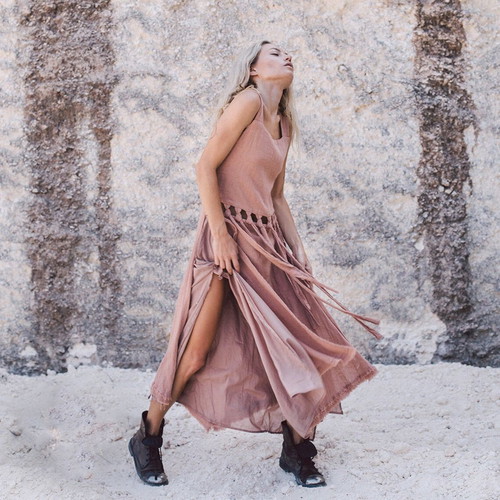 Long linen dress like new by local designer, size XS-S, brown and pink