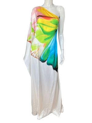 Sunfere One-Shoulder Butterfly-Print Maxi Gown new, size M