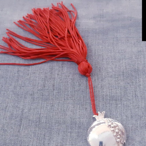 Silver pomegranate charm with red silk tassel, 925 silver, handmade
