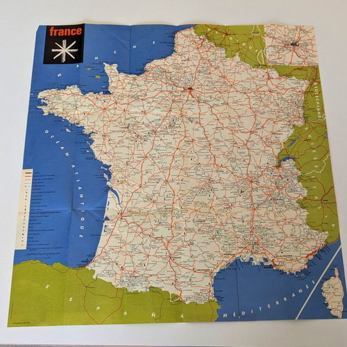 Vintage France Les Routes Road Map used, 1960s folding map