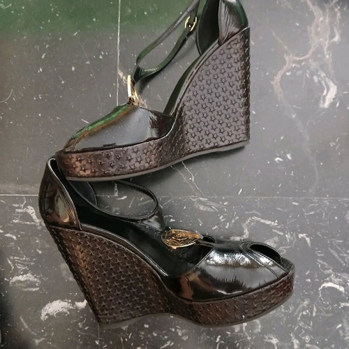 Iceberg sandals used, black patent platform wedges, size 38