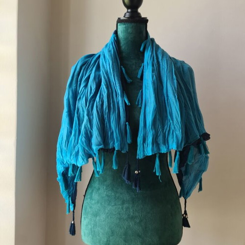 Large scarf like new, blue and turquoise with decorative tassels