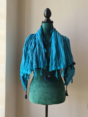 Large scarf like new, blue and turquoise with decorative tassels
