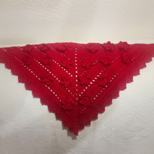 Knitted red bandana handmade like new with flowers