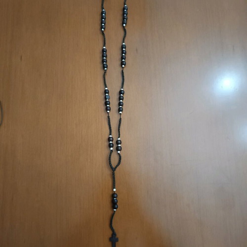 Long unisex rosary with wooden cross and beads, black, new