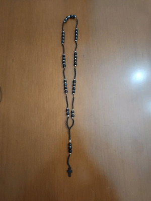Long unisex rosary with wooden cross and beads, black, new