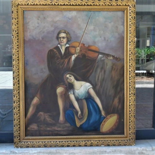 Large oil painting on canvas early 20th century with artist signature