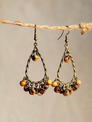 Handmade earrings new, brass with wooden beads