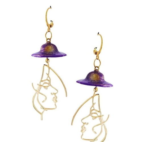 Handmade long dangle earrings with purple hat and gold details
