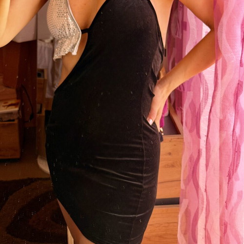 Velvet Mini Dress Black with Silver Sequins Open Back Size S