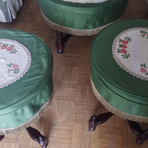 Vintage set of 3 wooden coffee tables with retro covers and embroidery used