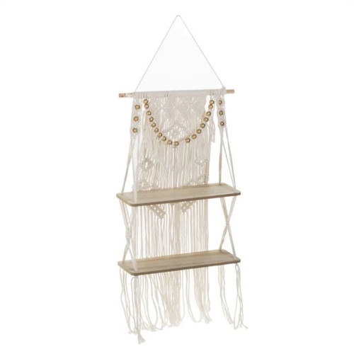 Decorative hanging wooden shelf with macrame design, 2 tiers