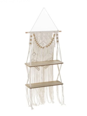 Decorative hanging wooden shelf with macrame design, 2 tiers