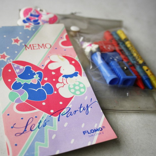 Vintage Flomo school set memo notebook crayons eraser sharpener Taiwan 1980s new