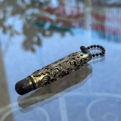 Vintage decorative pen with metal case and red stone used