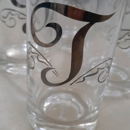 Water glasses used with monogram T, set of 7, silver