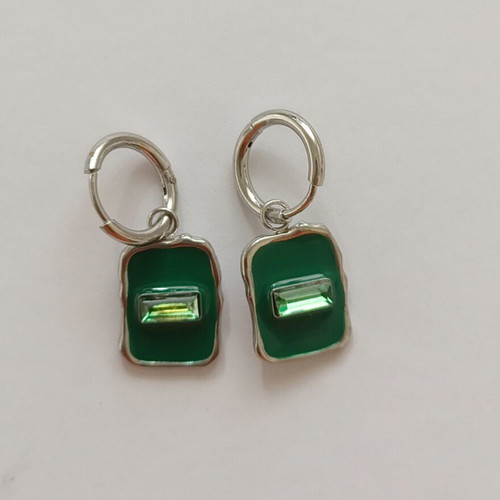 Earrings chic huggies with emerald enamel and crystal, new