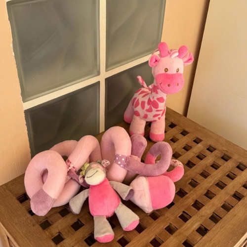 Baby toy set for stroller or crib with pink plush giraffe like new
