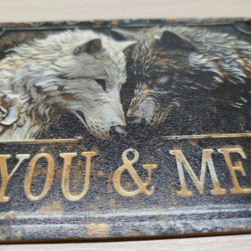 You & Me wooden sign with wolf couple new