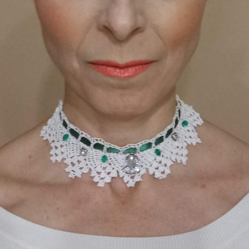 Vintage boho knitted choker necklace with petrol ribbon and crystals